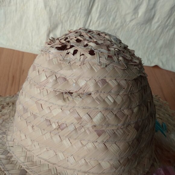 Vintage Straw Sun Hat with Cellophane Flowers Retro Rockabilly Summer Beach Wear - Picture 7 of 12